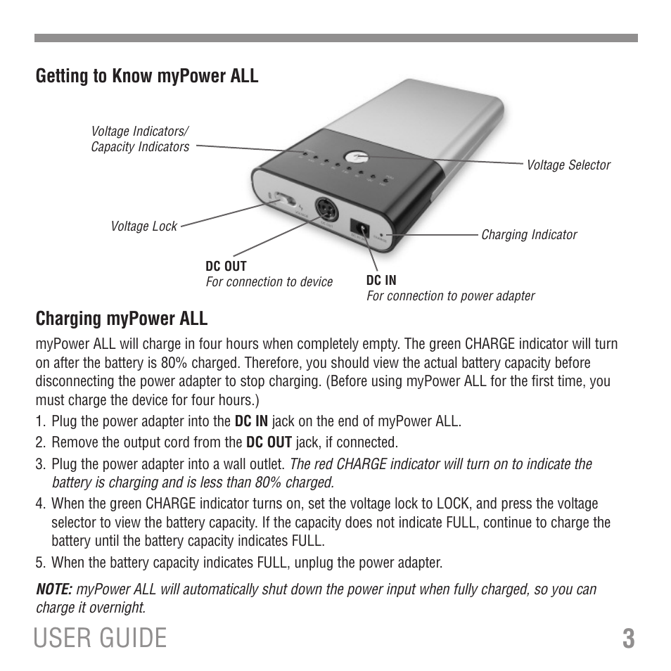 3user guide, Getting to know mypower all charging mypower all | Tekkeon MP3300 User Manual | Page 5 / 16