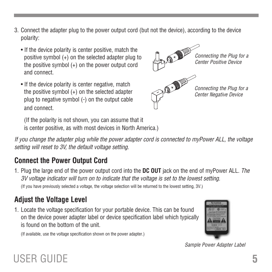 5user guide, Connect the power output cord, Adjust the voltage level | Tekkeon MP3300 User Manual | Page 7 / 16