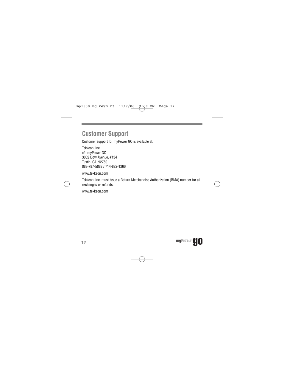 Customer support | Tekkeon myPower GO MP1500 User Manual | Page 14 / 16