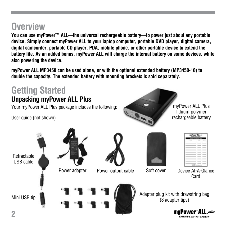 Overview, Getting started, Unpacking mypower all plus | Tekkeon MP3450-10 User Manual | Page 4 / 16