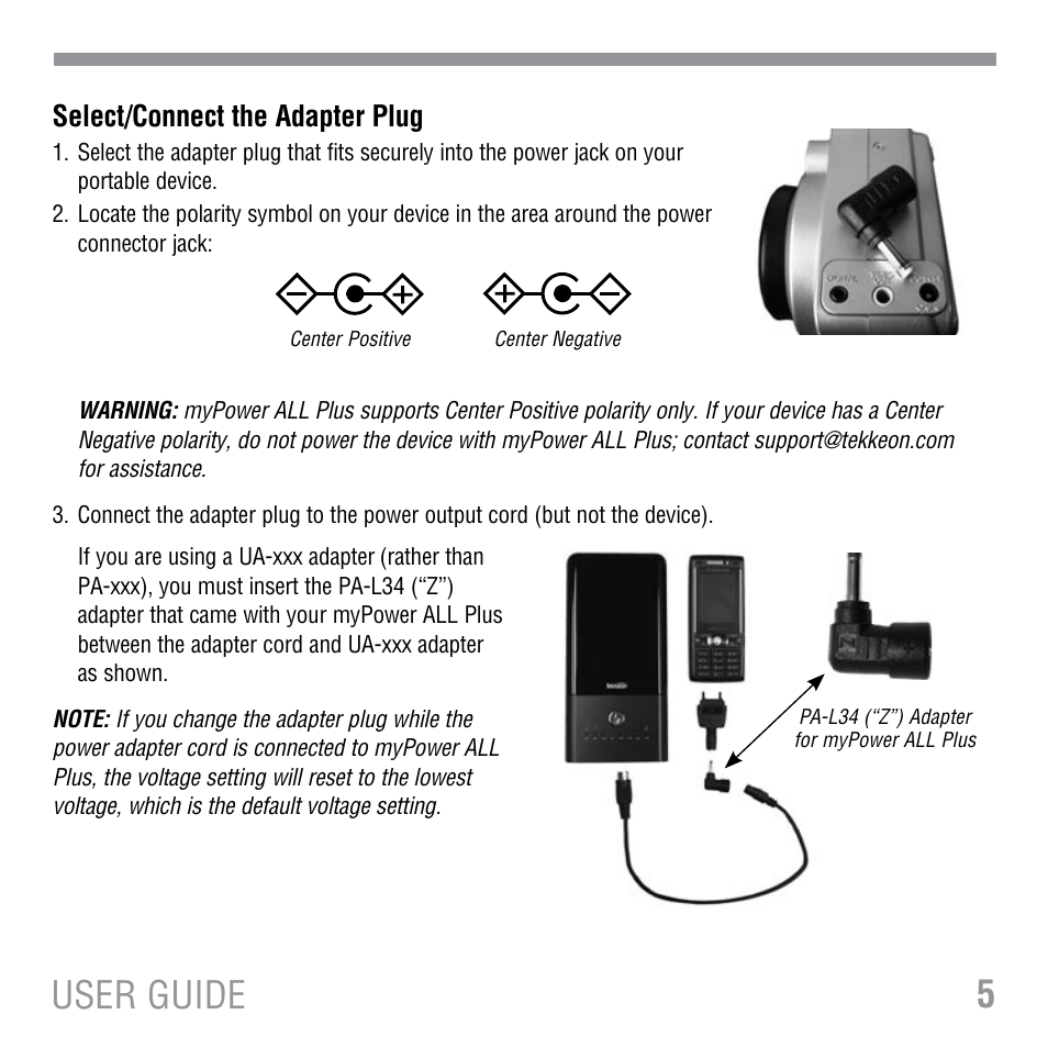 5user guide, Select/connect the adapter plug | Tekkeon MP3450-10 User Manual | Page 7 / 16