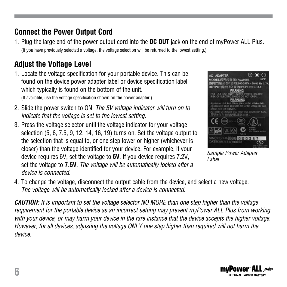 Connect the power output cord, Adjust the voltage level | Tekkeon MP3450-10 User Manual | Page 8 / 16