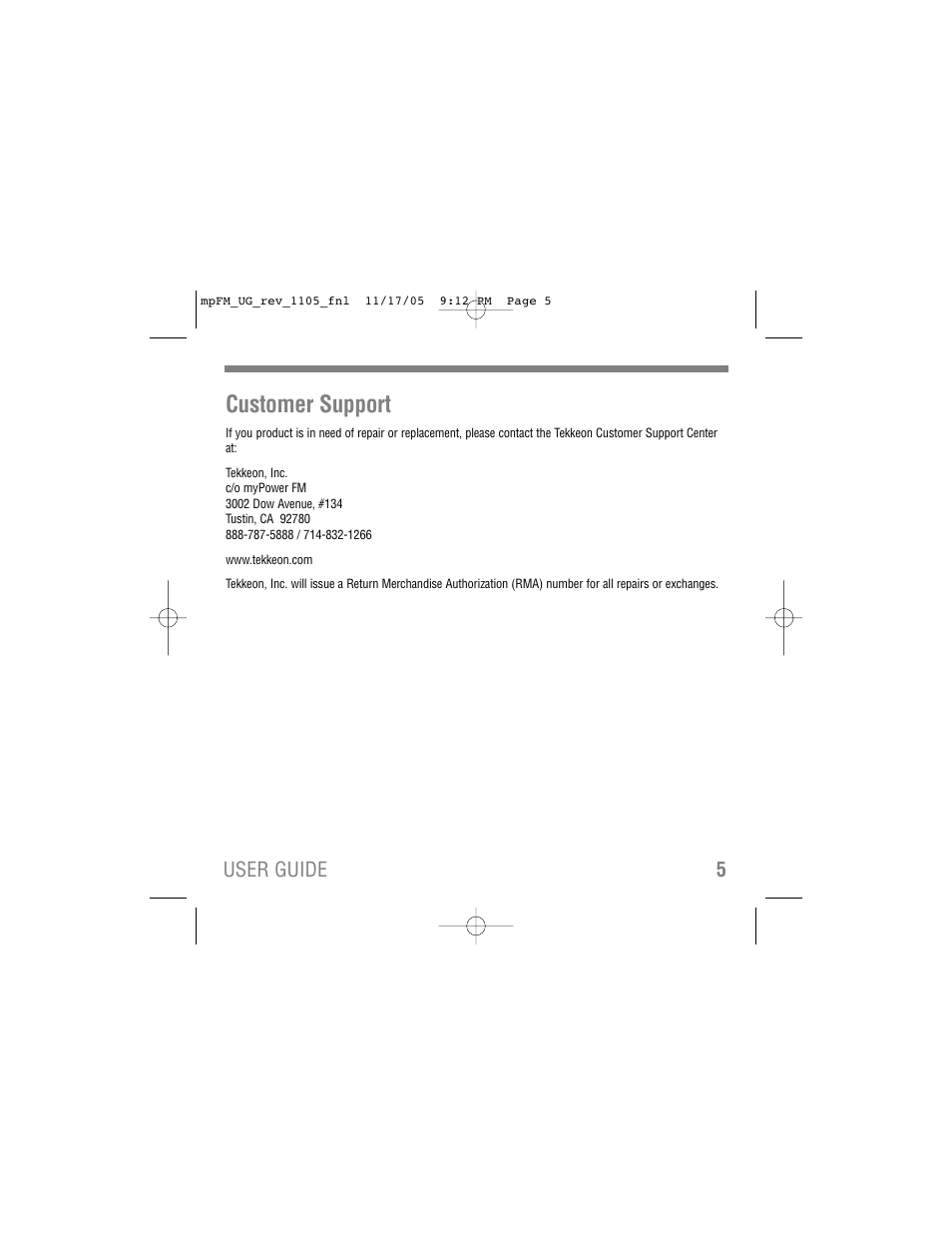Customer support, 5user guide | Tekkeon MP110050 User Manual | Page 7 / 8
