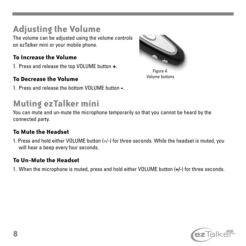 Adjusting the volume, Muting eztalker mini | Tekkeon ET2000 User Manual | Page 10 / 16