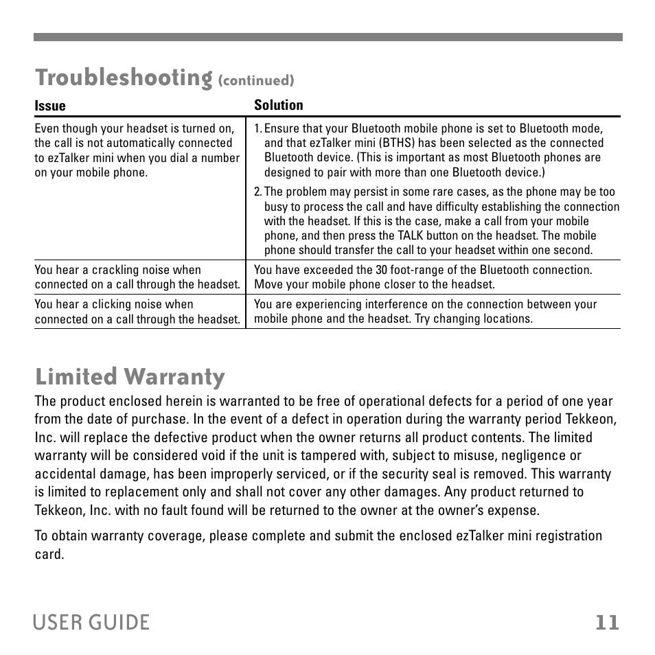 Troubleshooting, Limited warranty, 11 user guide | Tekkeon ET2000 User Manual | Page 13 / 16