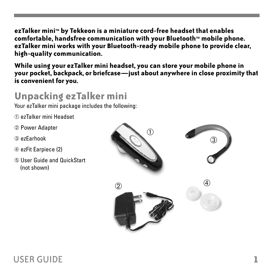 Unpacking eztalker mini, 1user guide | Tekkeon ET2000 User Manual | Page 3 / 16