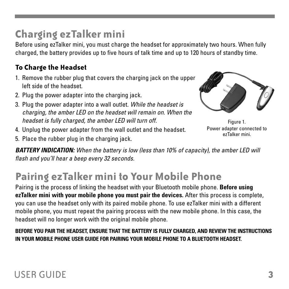 Charging eztalker mini, Pairing eztalker mini to your mobile phone, 3user guide | Tekkeon ET2000 User Manual | Page 5 / 16