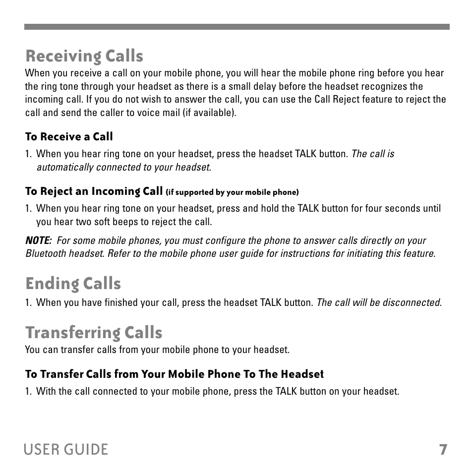 Receiving calls, Ending calls, Transferring calls | 7user guide | Tekkeon ET2000 User Manual | Page 9 / 16