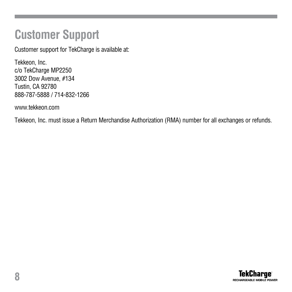 Customer support | Tekkeon MP2250 User Manual | Page 10 / 12