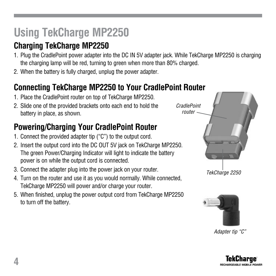 Using tekcharge mp2250, Charging tekcharge mp2250, Powering/charging your cradlepoint router | Tekkeon MP2250 User Manual | Page 6 / 12