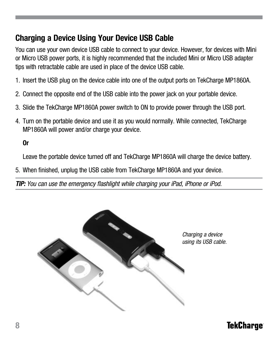 8charging a device using your device usb cable | Tekkeon MP1860A User Manual | Page 10 / 16