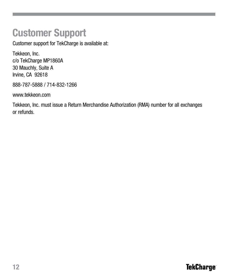 Customer support | Tekkeon MP1860A User Manual | Page 14 / 16