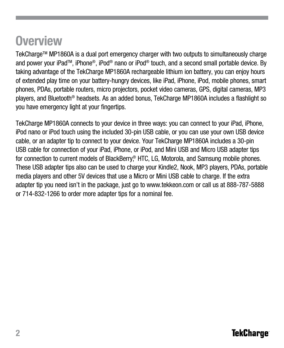 Overview | Tekkeon MP1860A User Manual | Page 4 / 16