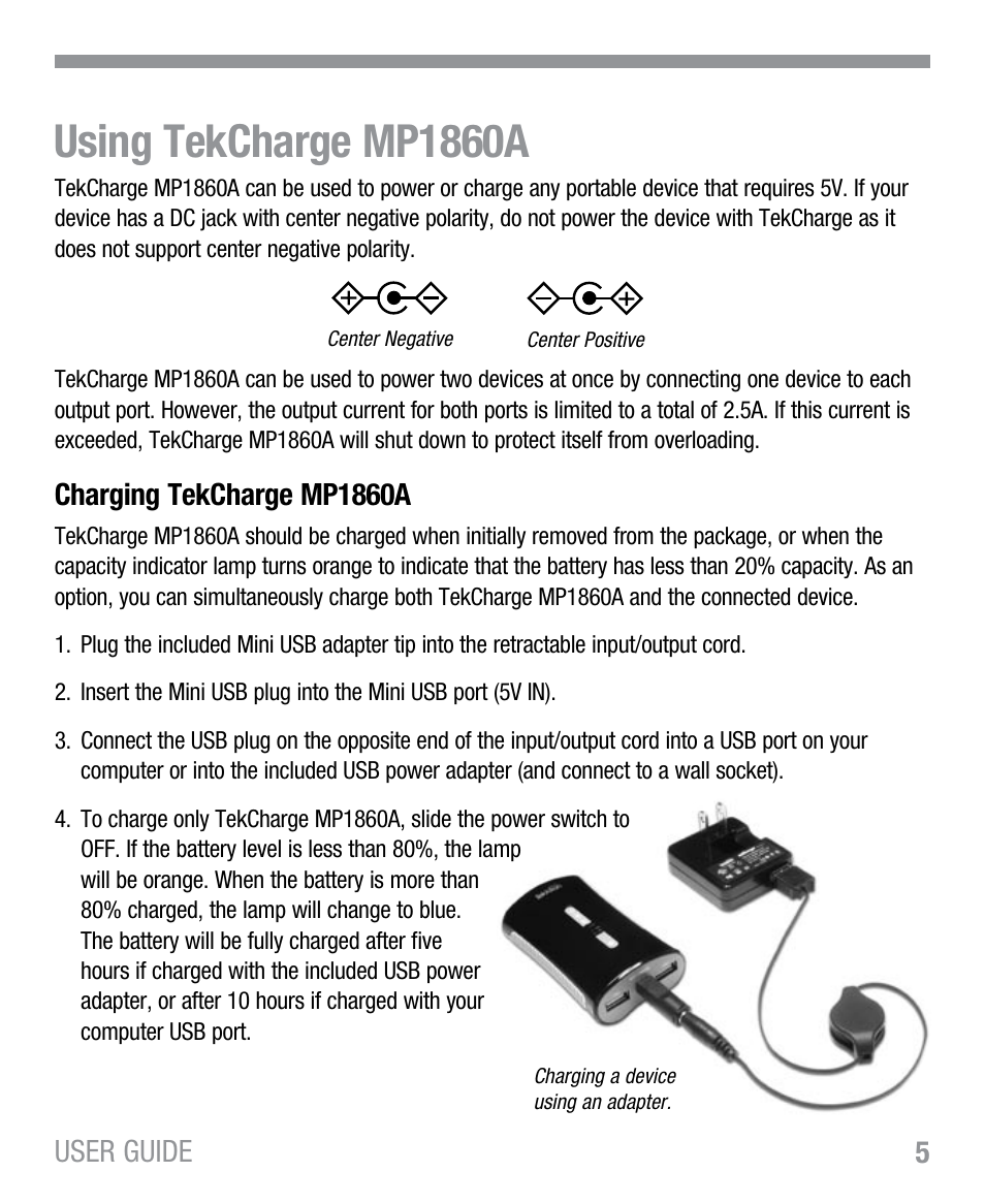 Using tekcharge mp1860a, 5user guide, Charging tekcharge mp1860a | Tekkeon MP1860A User Manual | Page 7 / 16