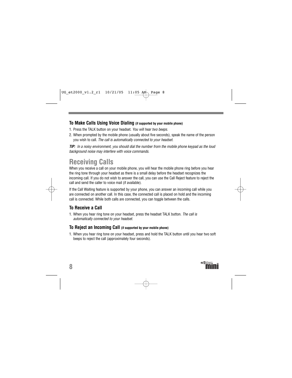 Receiving calls | Tekkeon ezTalker mini ET2000 User Manual | Page 10 / 20