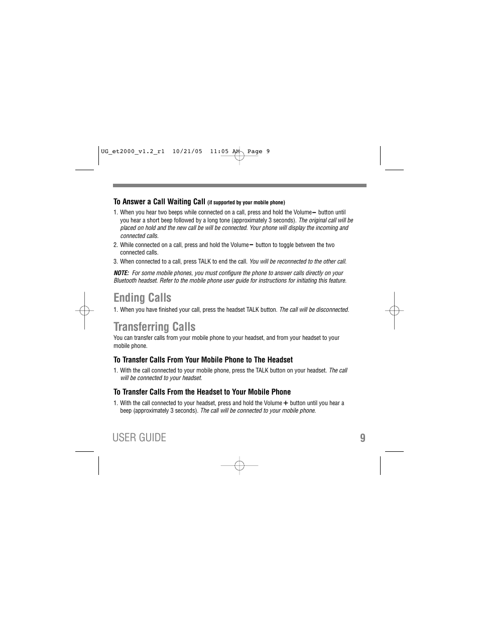 Ending calls, Transferring calls, 9user guide | Tekkeon ezTalker mini ET2000 User Manual | Page 11 / 20