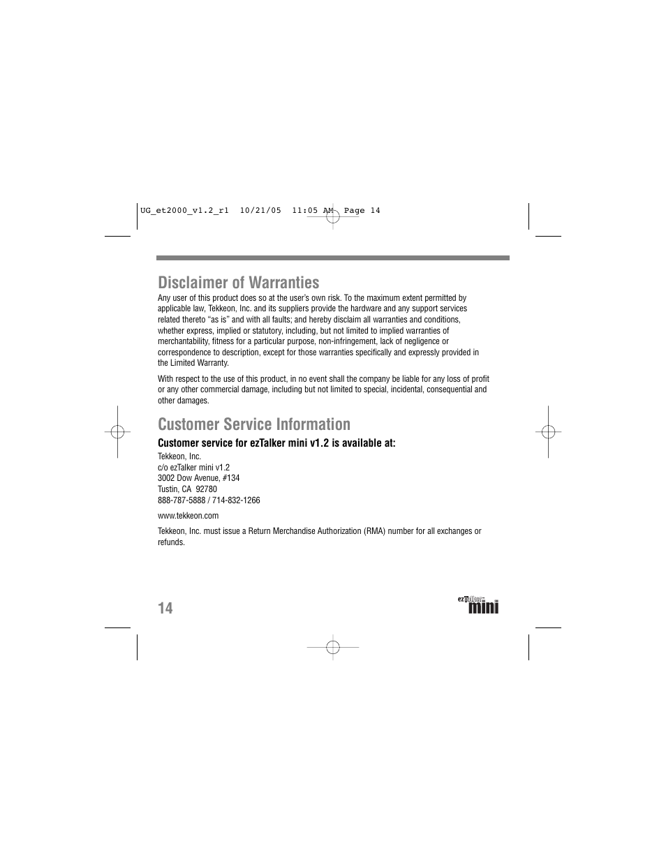 Disclaimer of warranties, Customer service information | Tekkeon ezTalker mini ET2000 User Manual | Page 16 / 20