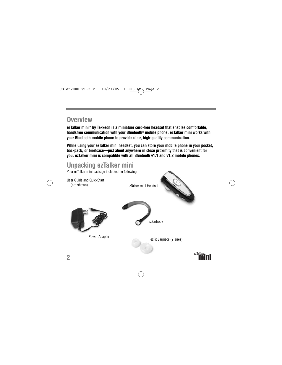 Overview, Unpacking eztalker mini | Tekkeon ezTalker mini ET2000 User Manual | Page 4 / 20
