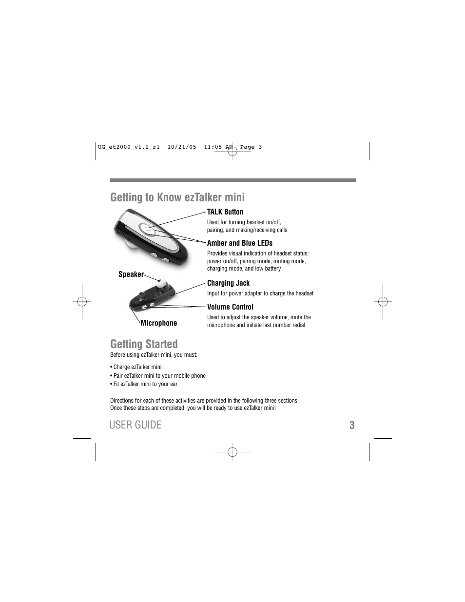 Getting to know eztalker mini getting started, 3user guide | Tekkeon ezTalker mini ET2000 User Manual | Page 5 / 20
