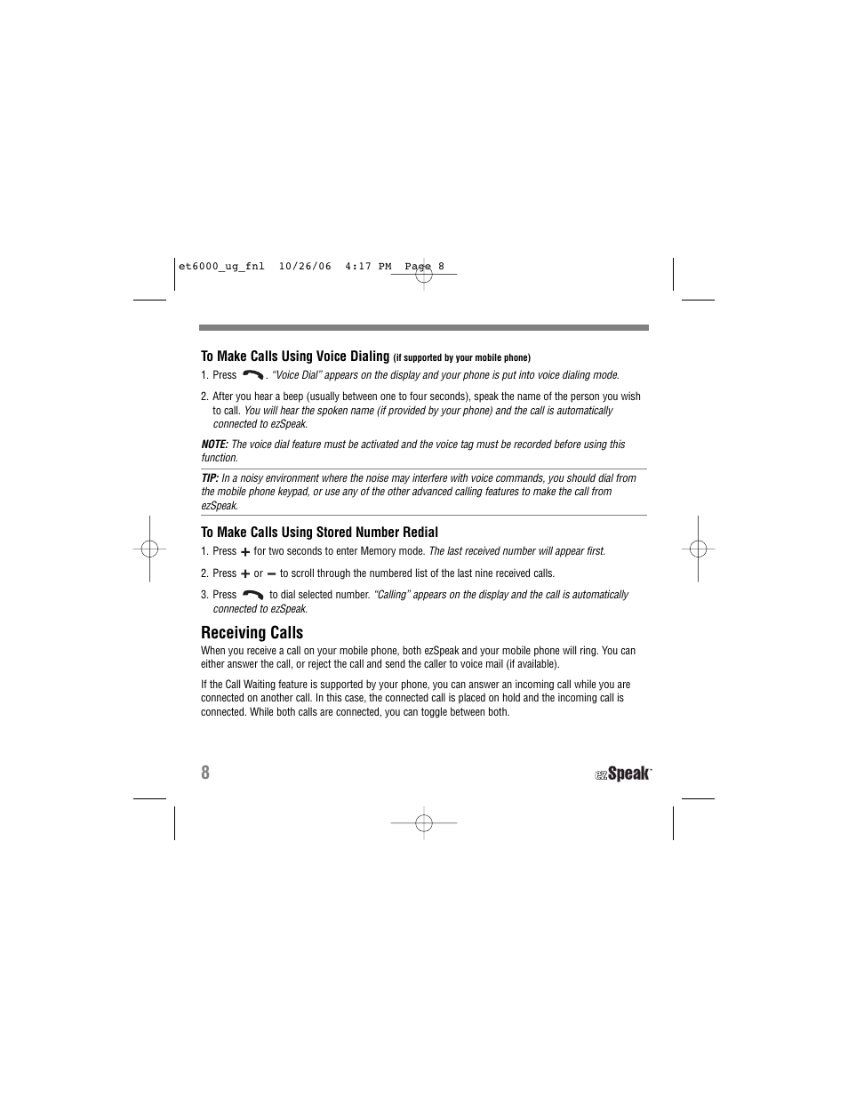Receiving calls | Tekkeon ET6000 User Manual | Page 10 / 20