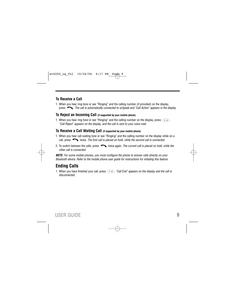 9user guide, Ending calls | Tekkeon ET6000 User Manual | Page 11 / 20