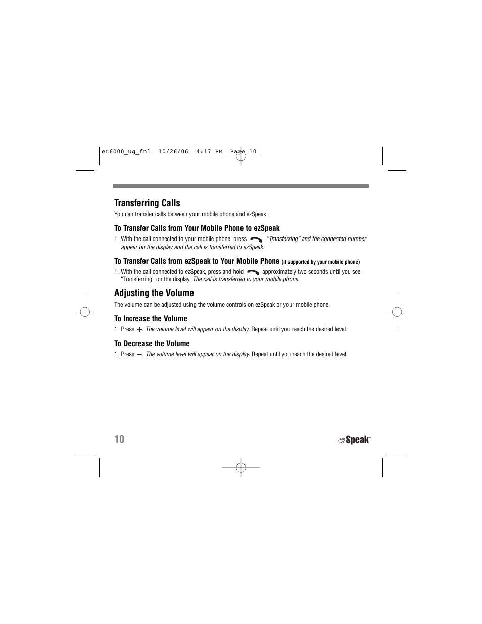 Transferring calls, Adjusting the volume | Tekkeon ET6000 User Manual | Page 12 / 20
