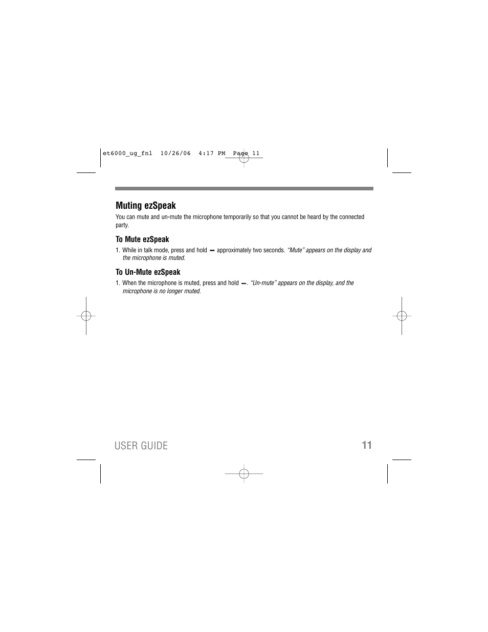 11 user guide, Muting ezspeak | Tekkeon ET6000 User Manual | Page 13 / 20