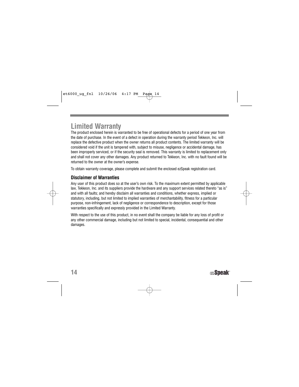 Limited warranty | Tekkeon ET6000 User Manual | Page 16 / 20
