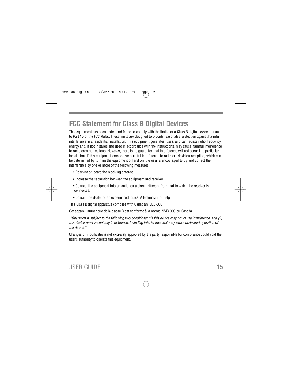 Fcc statement for class b digital devices, 15 user guide | Tekkeon ET6000 User Manual | Page 17 / 20