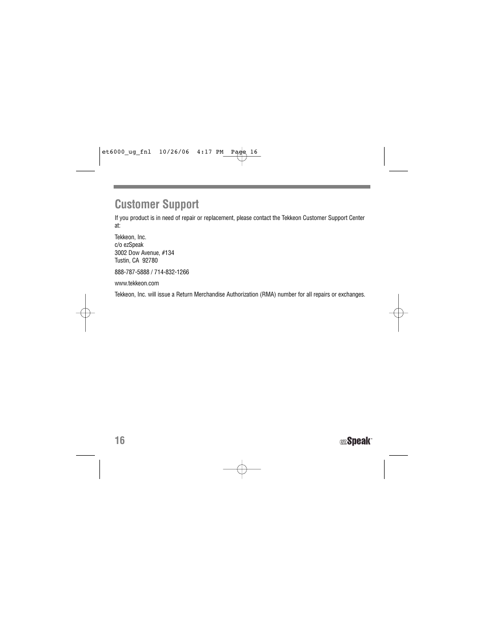 Customer support | Tekkeon ET6000 User Manual | Page 18 / 20