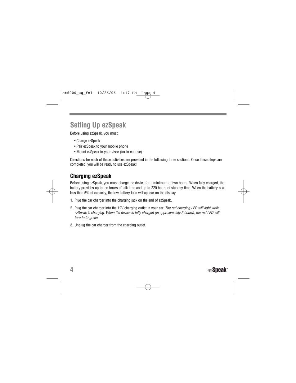 Setting up ezspeak, Charging ezspeak | Tekkeon ET6000 User Manual | Page 6 / 20