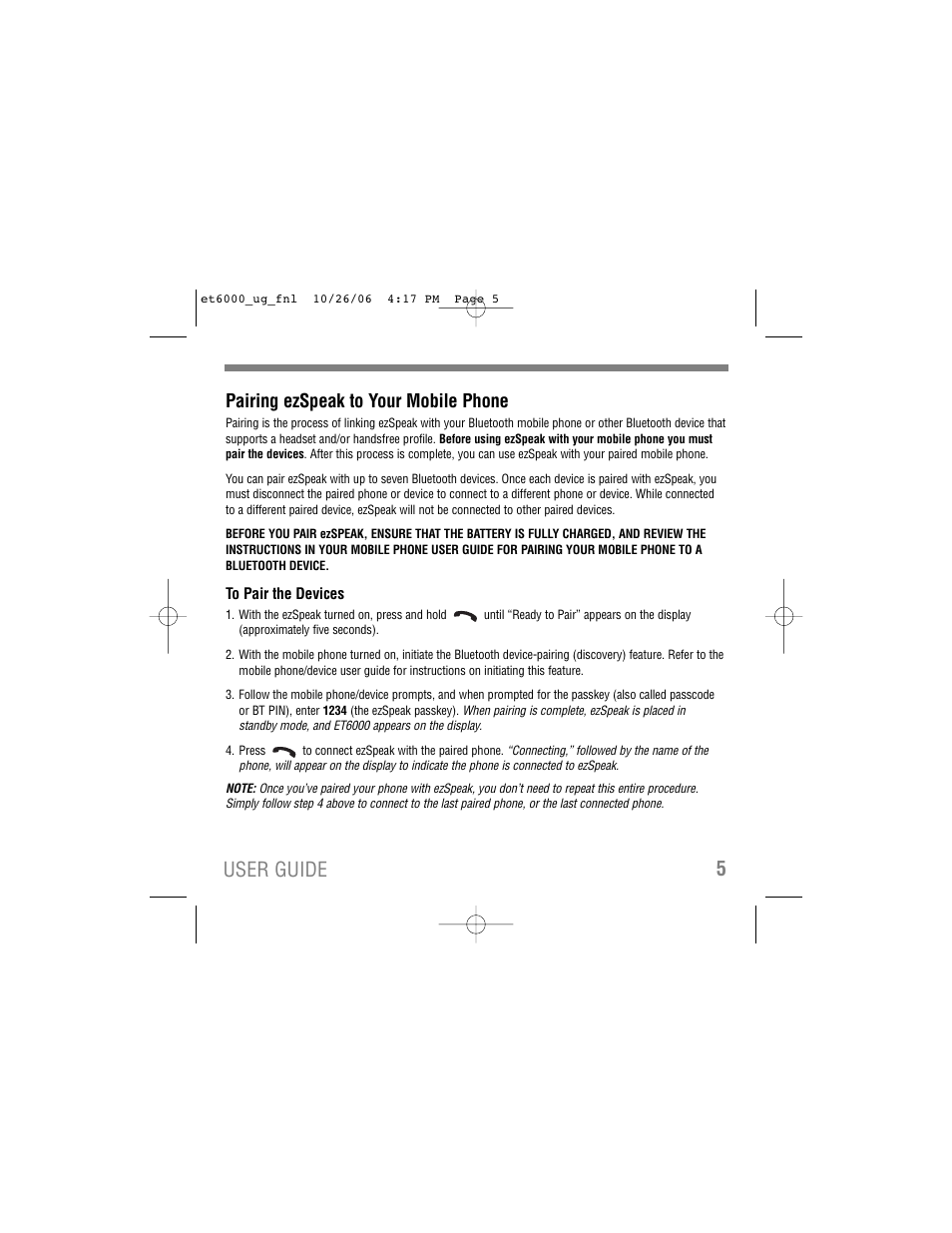 5user guide, Pairing ezspeak to your mobile phone | Tekkeon ET6000 User Manual | Page 7 / 20