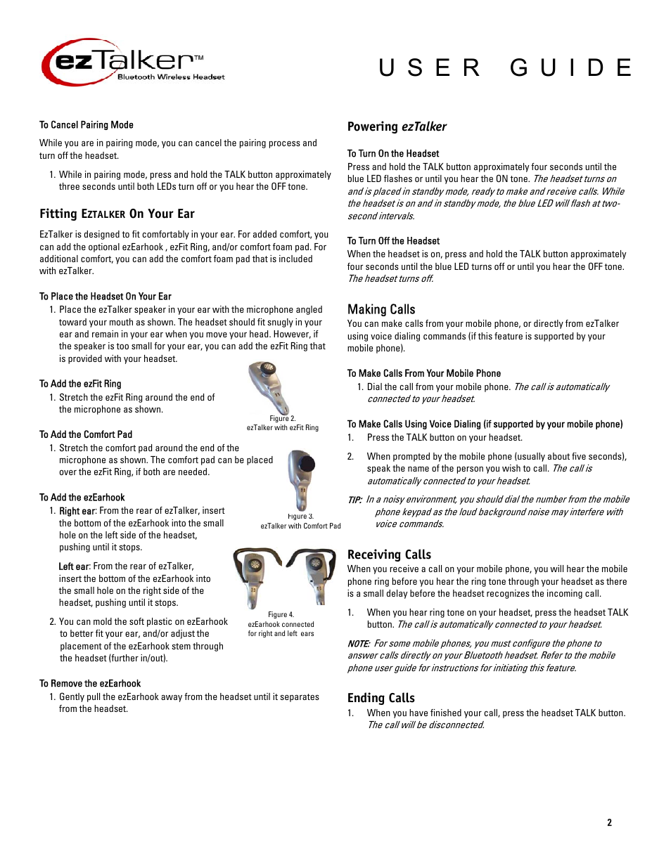 Fitting e, On your ear, Powering eztalker | Making calls, Receiving calls, Ending calls | Tekkeon ET1000 User Manual | Page 2 / 4
