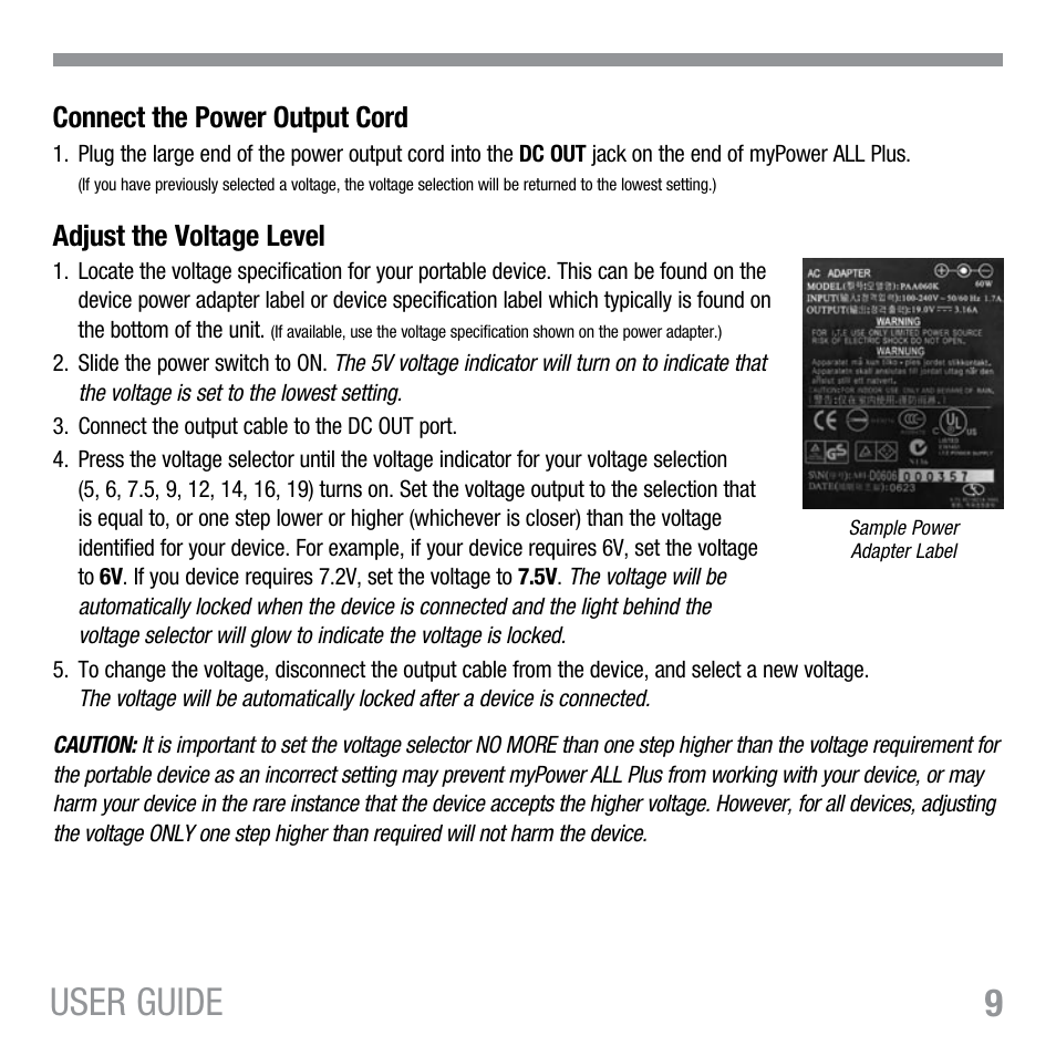 9user guide, Connect the power output cord, Adjust the voltage level | Tekkeon MYPOWER ALL PLUS MP3450 R2 User Manual | Page 11 / 24