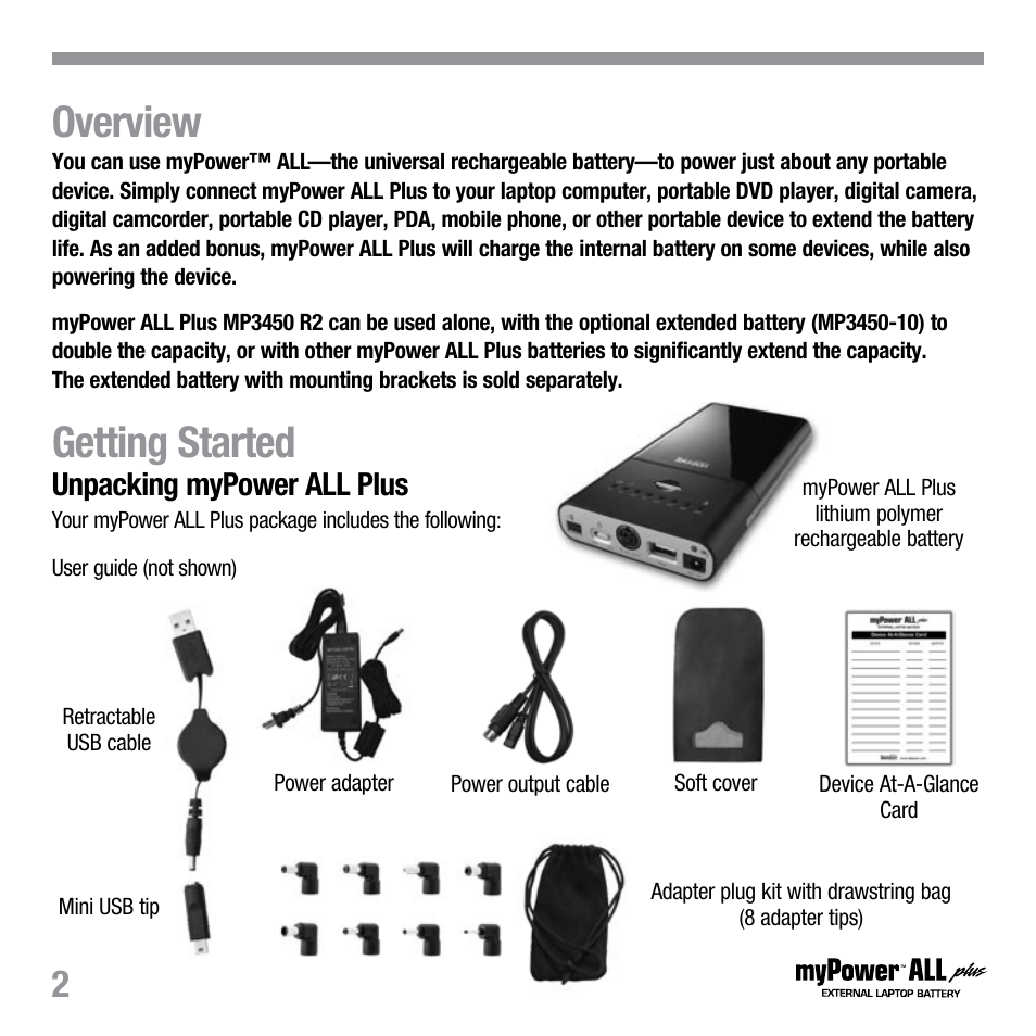 Overview, Getting started, Unpacking mypower all plus | Tekkeon MYPOWER ALL PLUS MP3450 R2 User Manual | Page 4 / 24