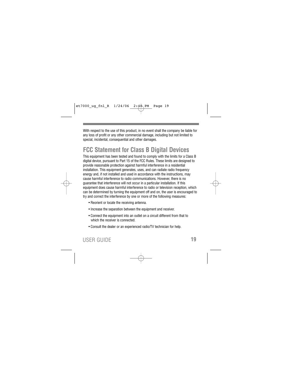 Fcc statement for class b digital devices, User guide 19 | Tekkeon ET7000 User Manual | Page 21 / 24