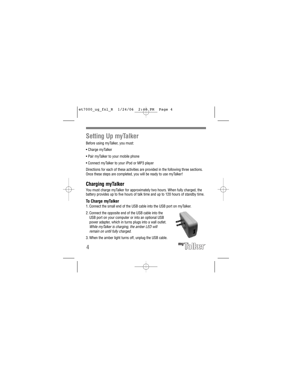 Setting up mytalker, Charging mytalker | Tekkeon ET7000 User Manual | Page 6 / 24