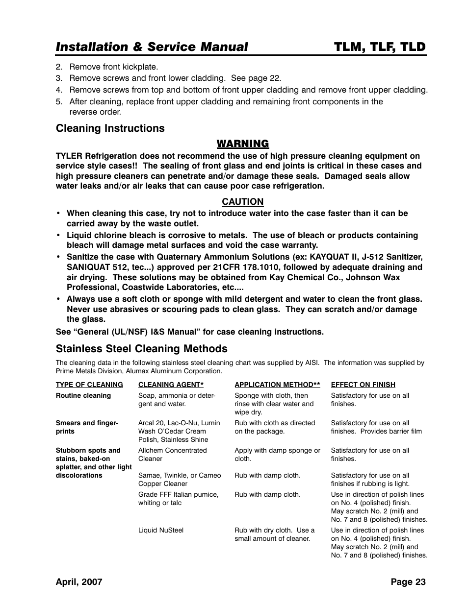 Installation & service manual tlm, tlf, tld, Cleaning instructions, Stainless steel cleaning methods | Warning | Tyler Refrigeration Lift Front Straight Glass Meat/Seafood/Deli Merchandiser TLF User Manual | Page 23 / 35