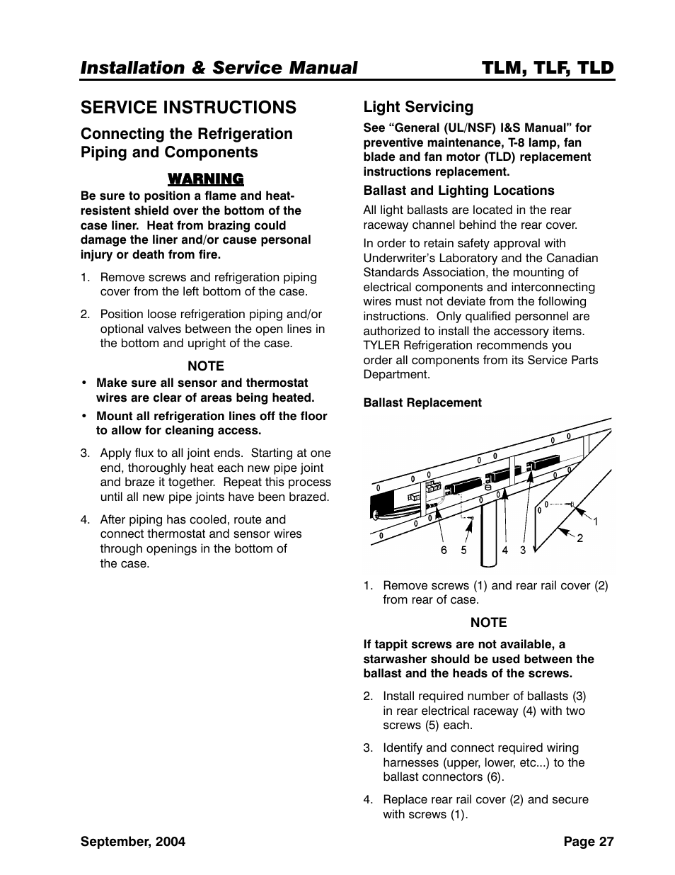 Installation & service manual tlm, tlf, tld, Service instructions | Tyler Refrigeration Lift Front Straight Glass Meat/Seafood/Deli Merchandiser TLF User Manual | Page 27 / 35