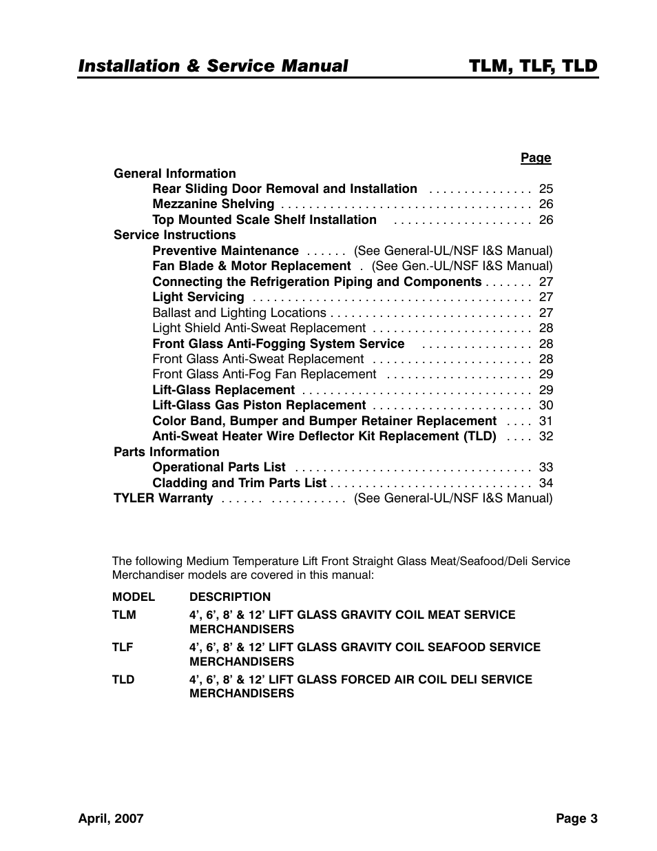 Installation & service manual tlm, tlf, tld | Tyler Refrigeration Lift Front Straight Glass Meat/Seafood/Deli Merchandiser TLF User Manual | Page 3 / 35