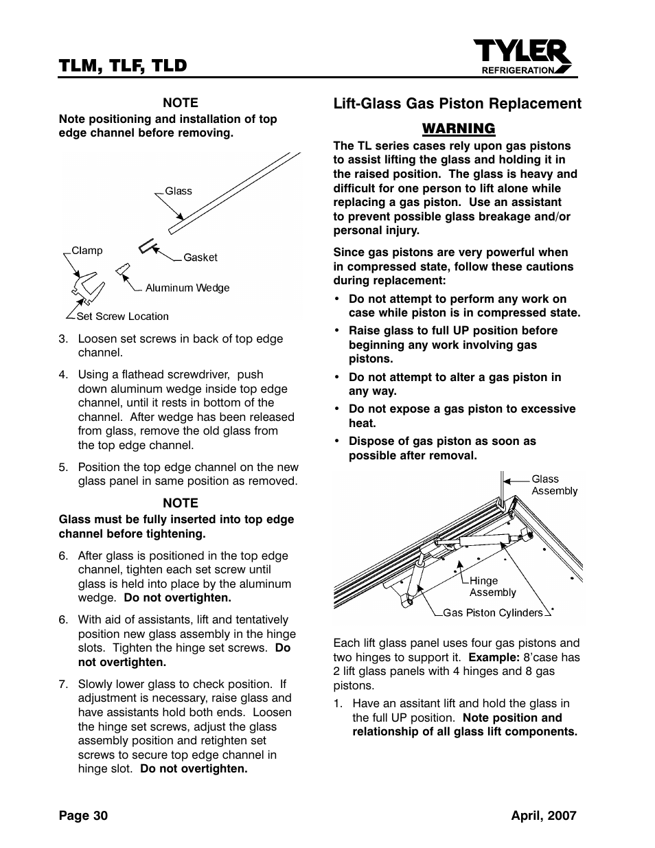 Tlm, tlf, tld, Lift-glass gas piston replacement | Tyler Refrigeration Lift Front Straight Glass Meat/Seafood/Deli Merchandiser TLF User Manual | Page 30 / 35