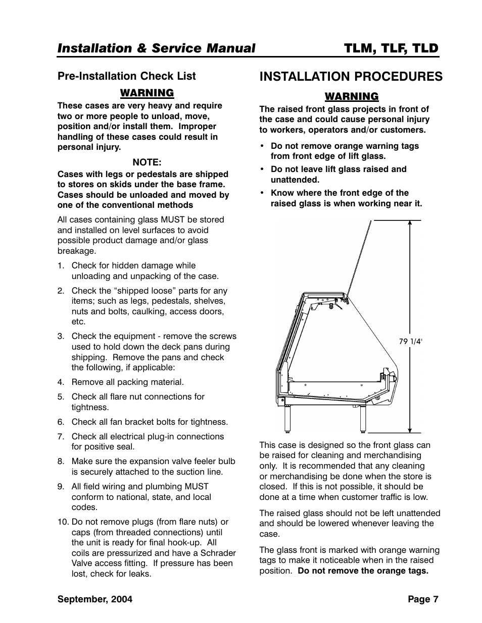 Installation & service manual tlm, tlf, tld, Installation procedures | Tyler Refrigeration Lift Front Straight Glass Meat/Seafood/Deli Merchandiser TLF User Manual | Page 7 / 35