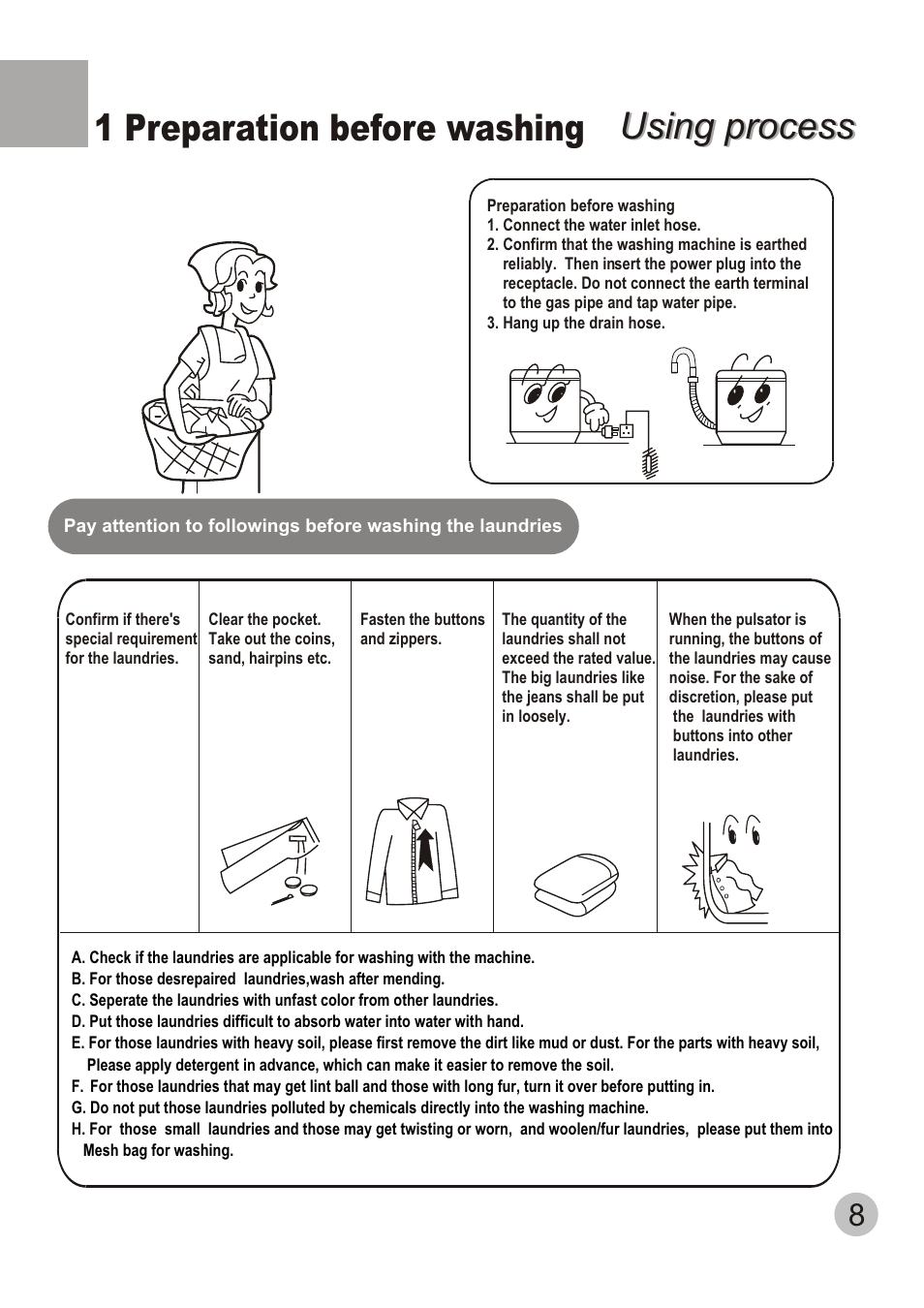Using process, Using process 1 preparation before washing | TELEFUNKEN TTL-700 User Manual | Page 10 / 20
