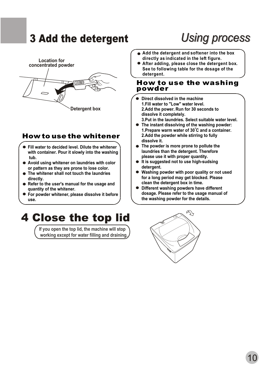 Using process, 3 add the detergent, 4 close the top lid | TELEFUNKEN TTL-700 User Manual | Page 12 / 20