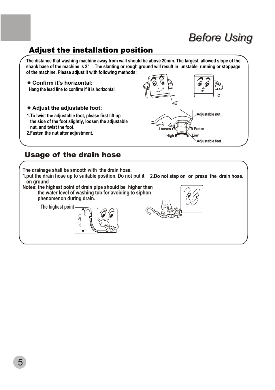 Before using, Usage of the drain hose, Adjust the installation position | TELEFUNKEN TTL-700 User Manual | Page 7 / 20