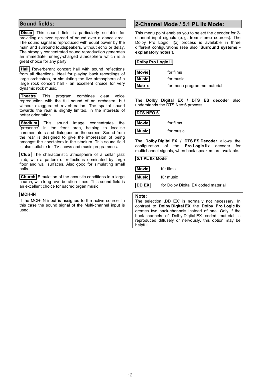 Sound fields, Channel mode / 5.1 pl iix mode | T+A Elektroakustik DD 1535 R User Manual | Page 12 / 64