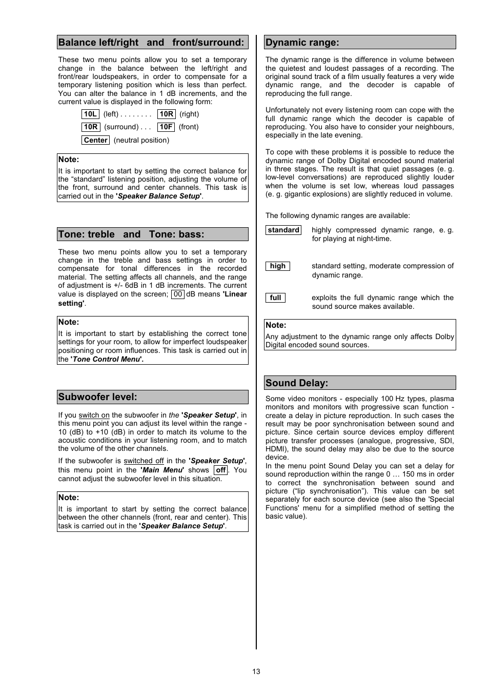 Balance left/right and front/surround, Tone: treble and tone: bass, Subwoofer level | Dynamic range, Sound delay | T+A Elektroakustik DD 1535 R User Manual | Page 13 / 64