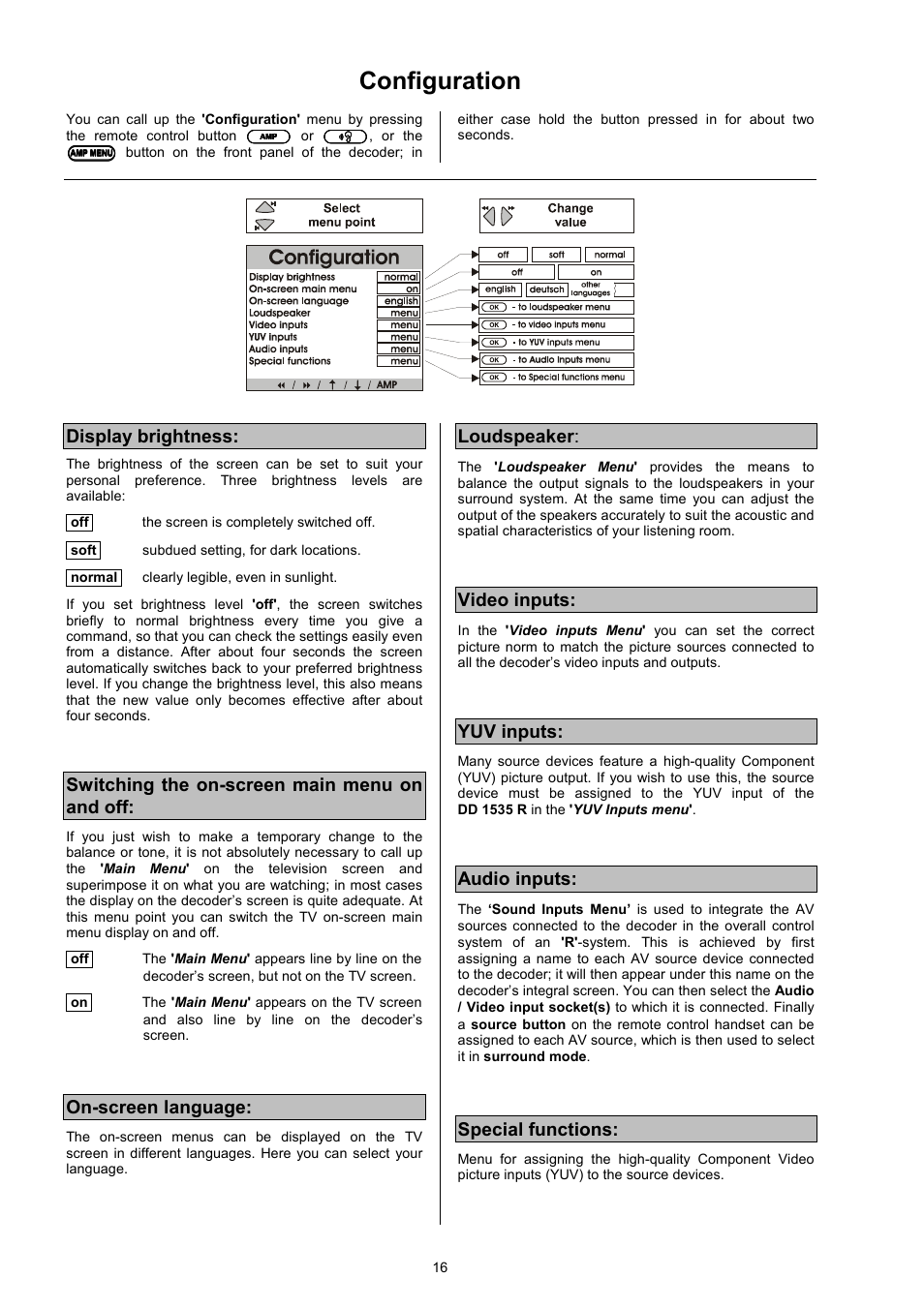 Configuration, Display brightness, Switching the on-screen main menu on and off | On-screen language, Loudspeaker, Video inputs, Yuv inputs, Audio inputs, Special functions | T+A Elektroakustik DD 1535 R User Manual | Page 16 / 64
