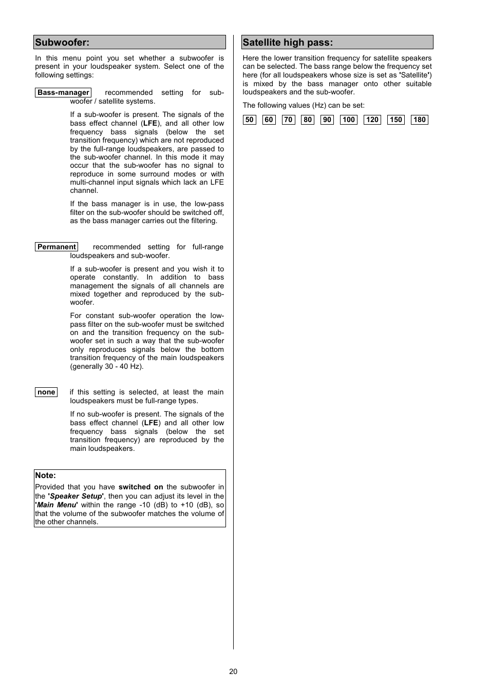 Subwoofer, Satellite high pass | T+A Elektroakustik DD 1535 R User Manual | Page 20 / 64