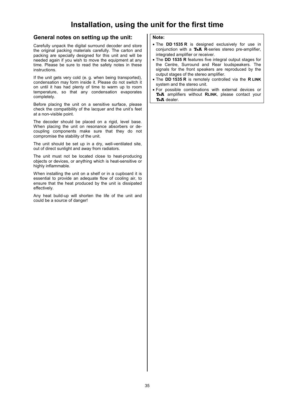 Installation, using the unit for the first time | T+A Elektroakustik DD 1535 R User Manual | Page 35 / 64